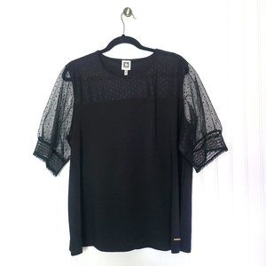 NWOT Anne Klein Black Blouse with Sheer Polka Dot Sleeves